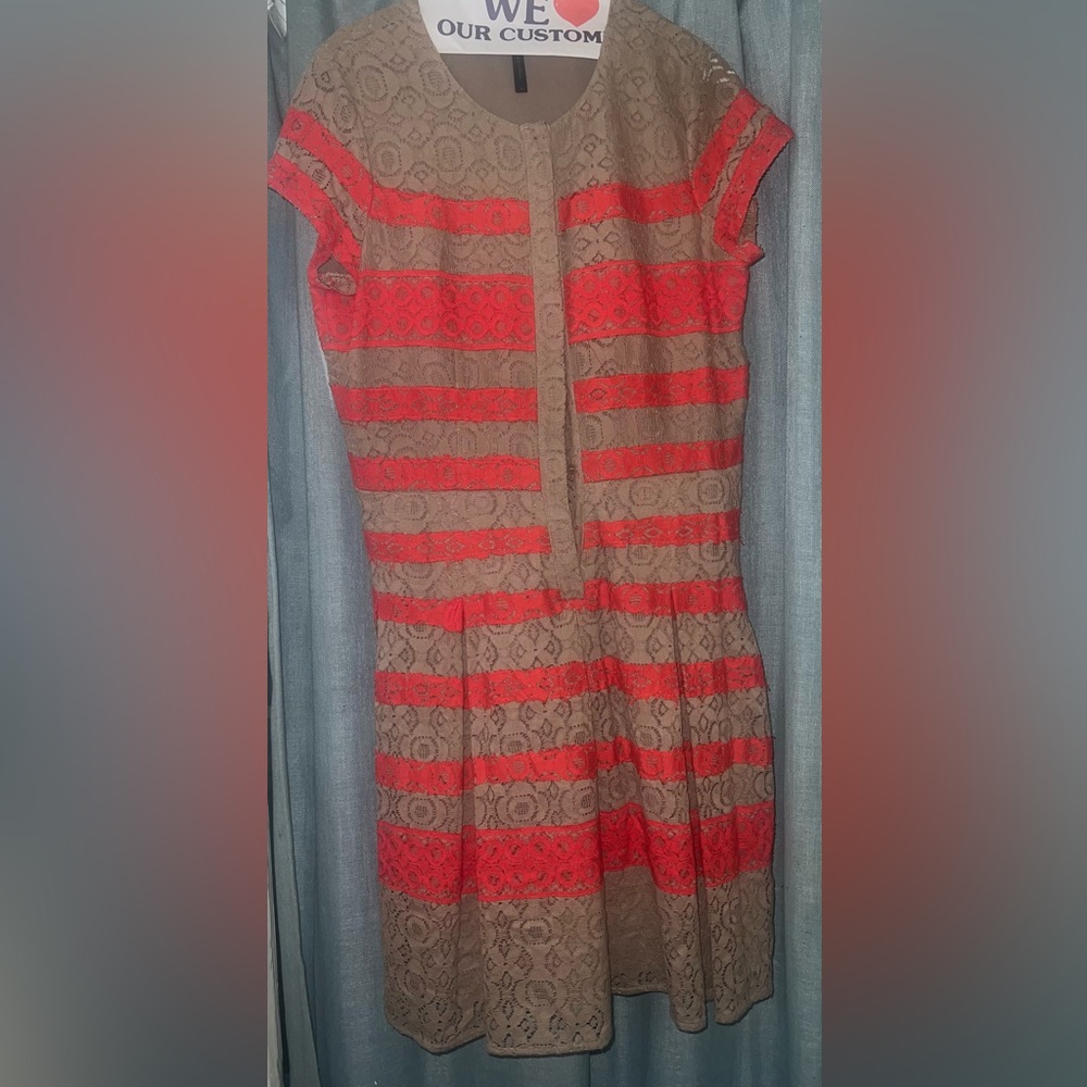 BCBGMaxAzria Striped Red and Light Brown Lace Dress